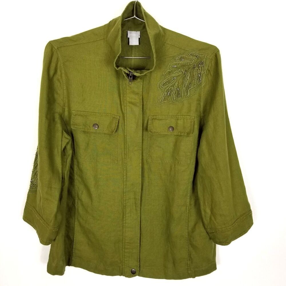Chicos Women Beaded Linen Jacket Size L Green Zip Up Pockets Lightweight